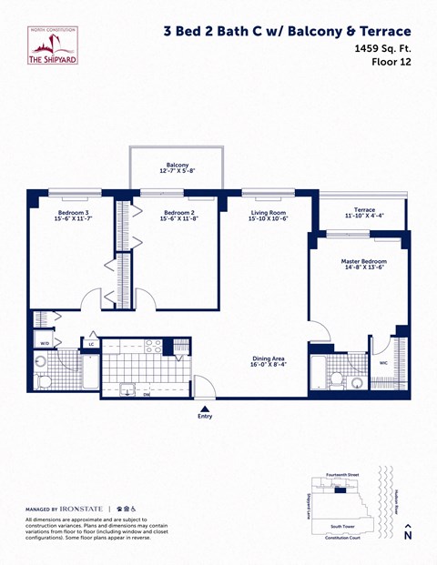 Floor plan for 3 beds, 2 baths, 1459 sqft